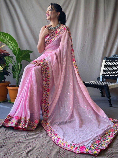 Beautiful Pink Sequins Georgette Reception Wear Saree With Blouse